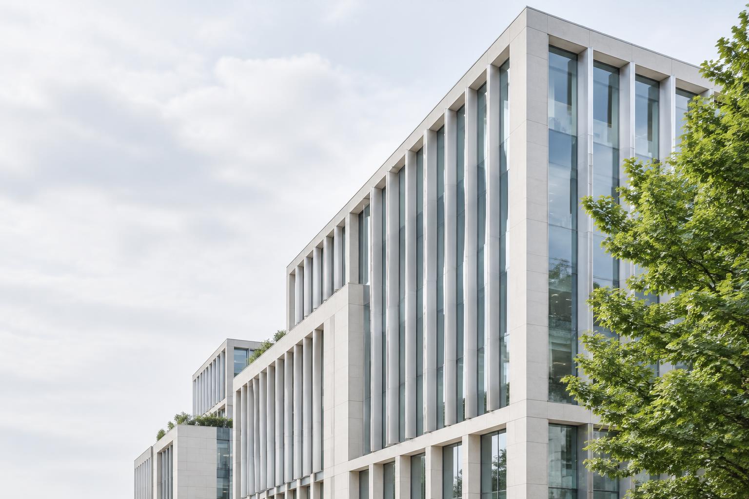 Modern commercial architecture on an illustrative executive search website
